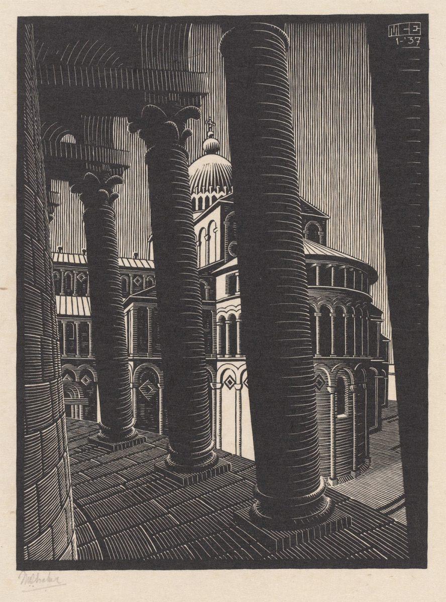M.C. Escher, Scheve toren, Pisa, houtsnede, januari 1937