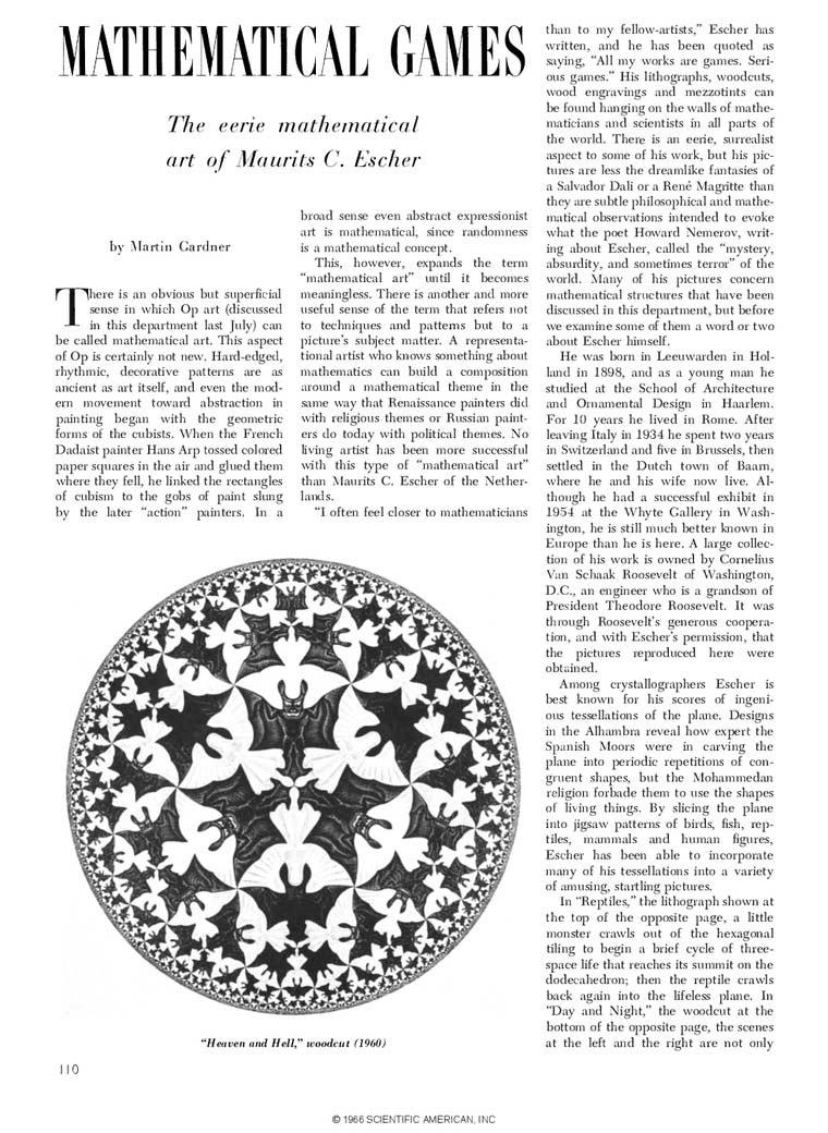 Scientific American, april 1966, met de column van Martin Gardner over Escher