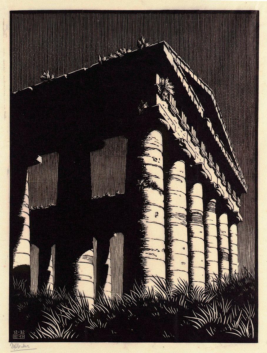 M.C. Escher, Tempel van Segeste, Sicilië, houtgravure, december 1932