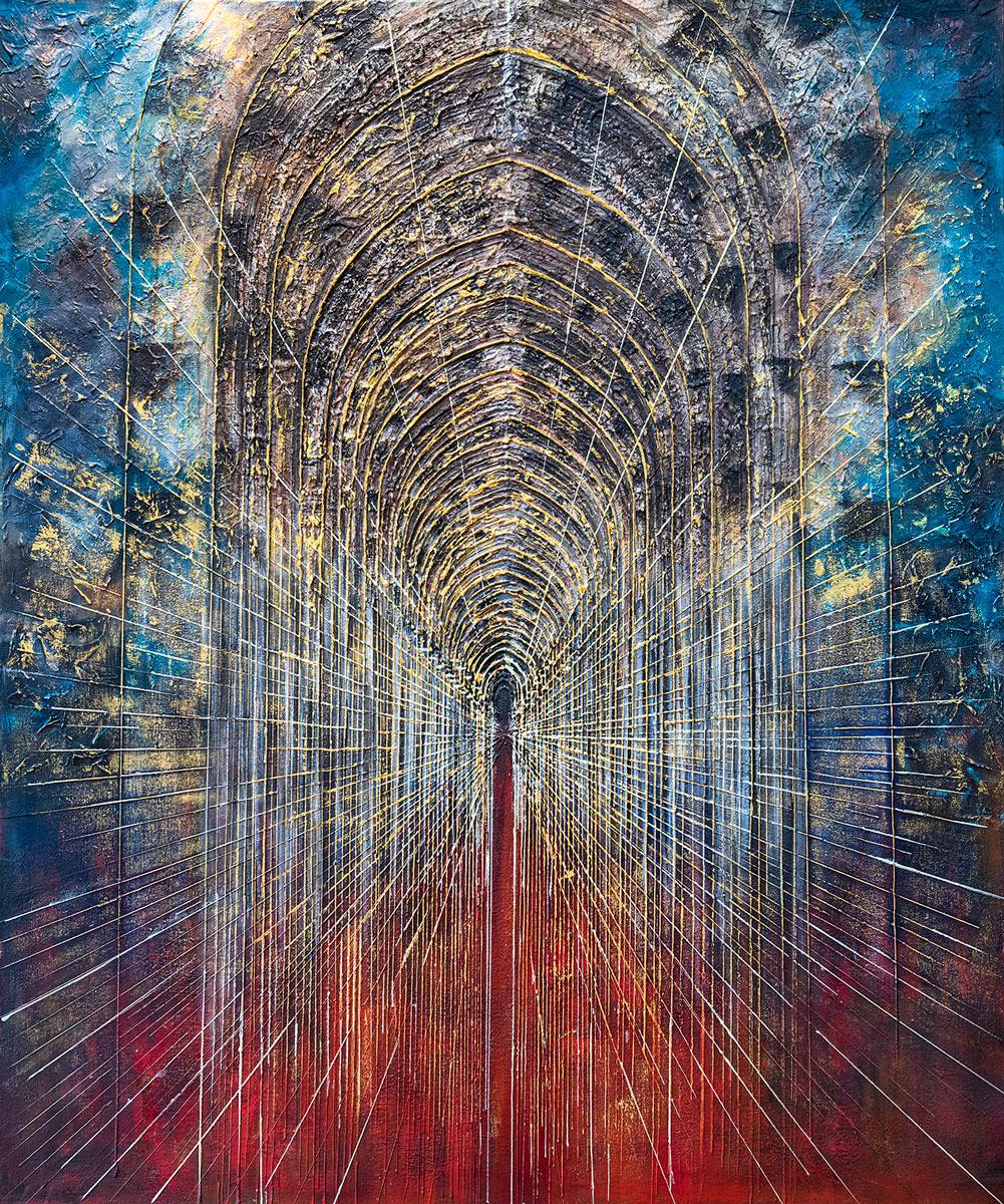 <p>Siddiqa Juma, Arches of Revelation, acrylverf met structuur op doek, 2023<br><em>Siddiqa Juma’s kunstenaarspraktijk draait om een diepgaande, persoonlijke verkenning van islamitische spiritualiteit. Haar schilderijen, opgebouwd uit vele lagen kleur, herhalende patronen en kalligrafie, ontstaan uit een meditatief maakproces waarin ritme centraal staat. Die aandacht voor ritmische structuren deelt ze met Escher: beide kunstenaars vinden in herhaling een manier om een nieuwe werkelijkheid te betreden. </em></p>