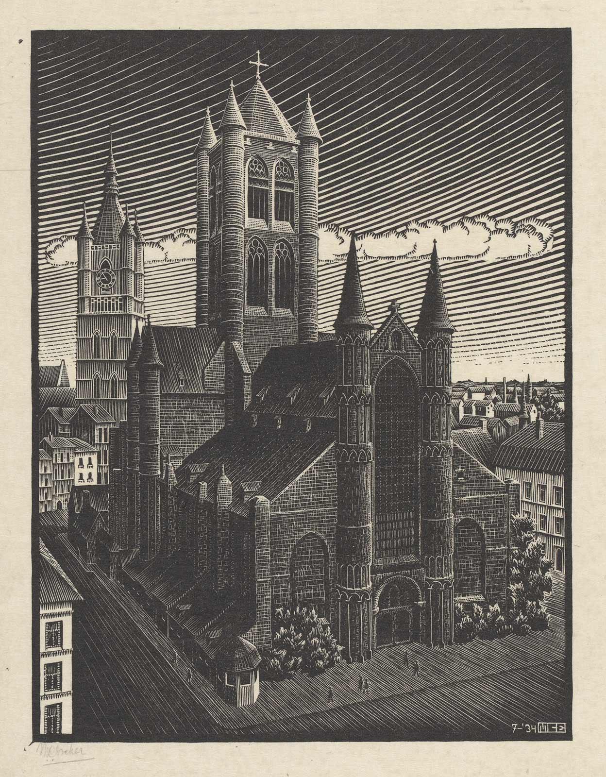 M.C. Escher, Sint Bavo, Gent, houtsnede, juli 1934