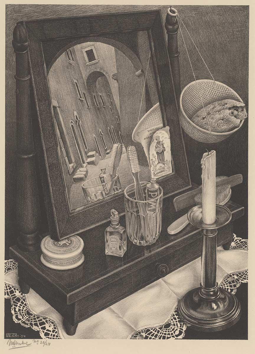 M.C. Escher, Natura morta con specchio, litografia, 1934