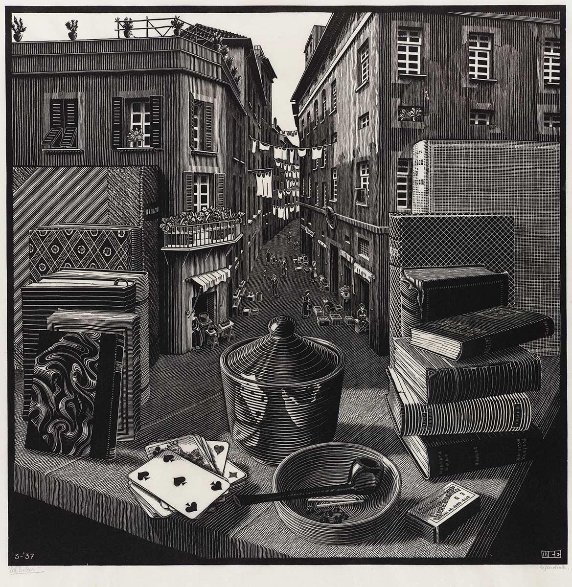 M.C. Escher, Stilleven en straat, houtsnede, maart 1937