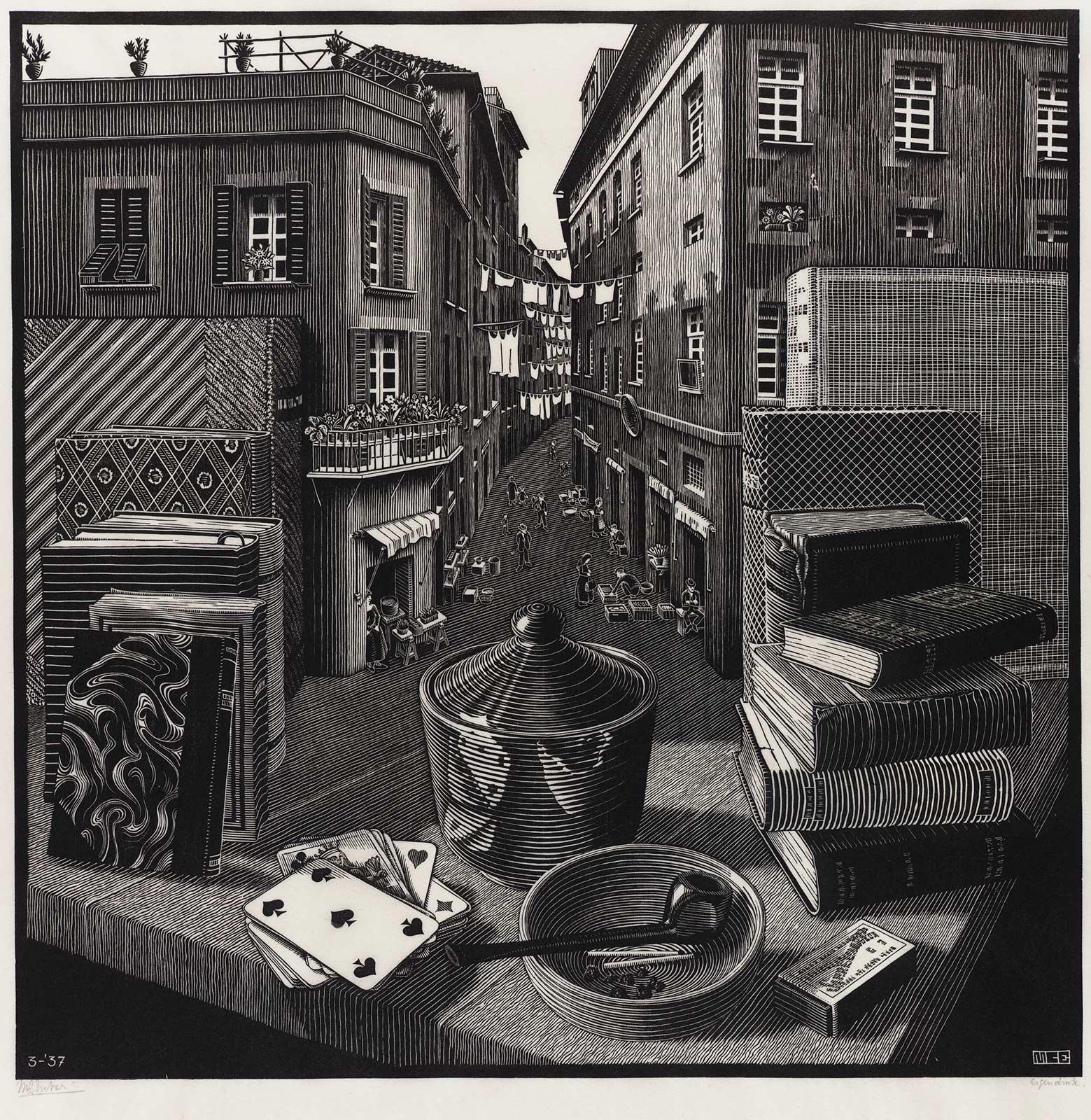 M.C. Escher, Still Life and Street, woodcut, March 1937