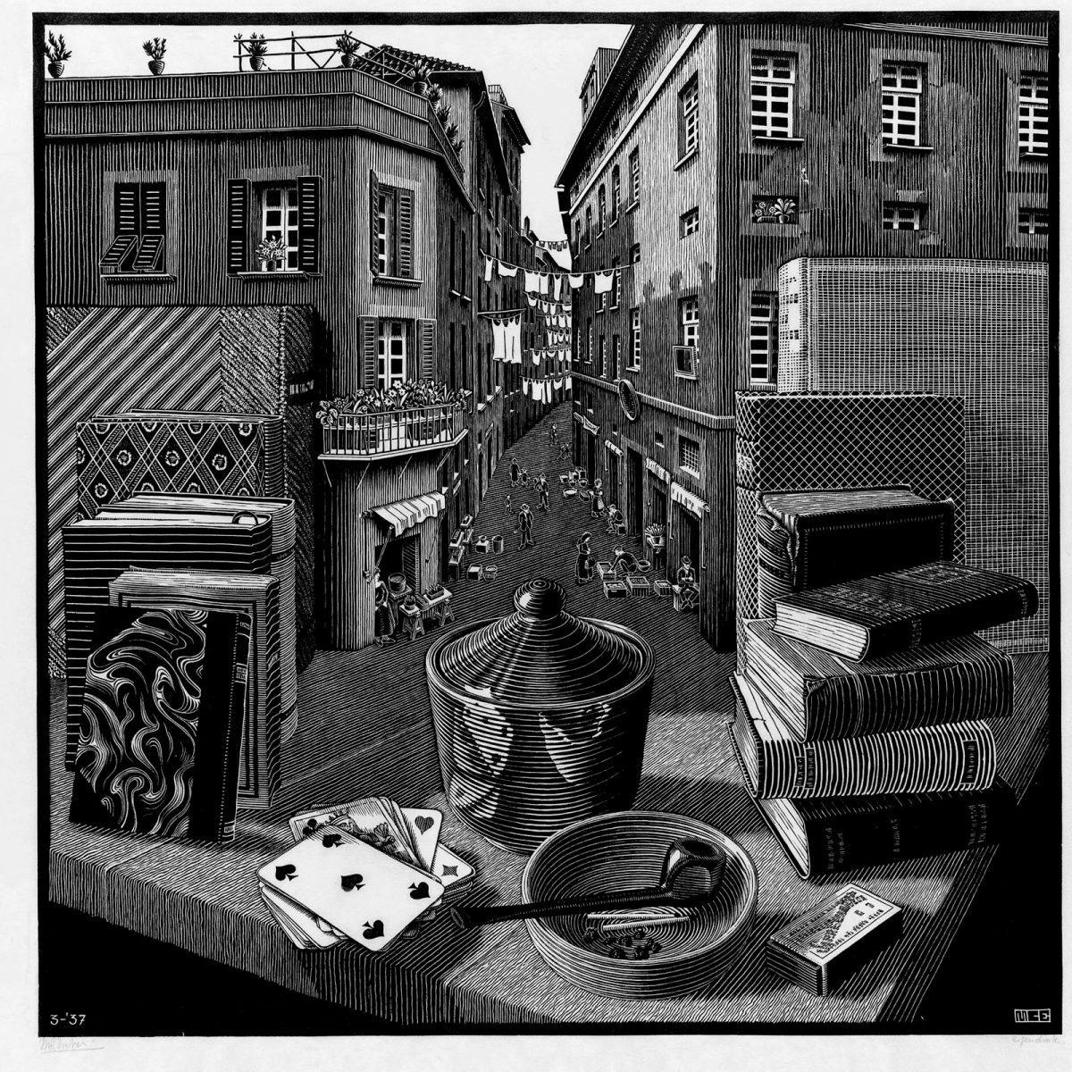 M.C. Escher, Still life and street, woodcut, March 1937