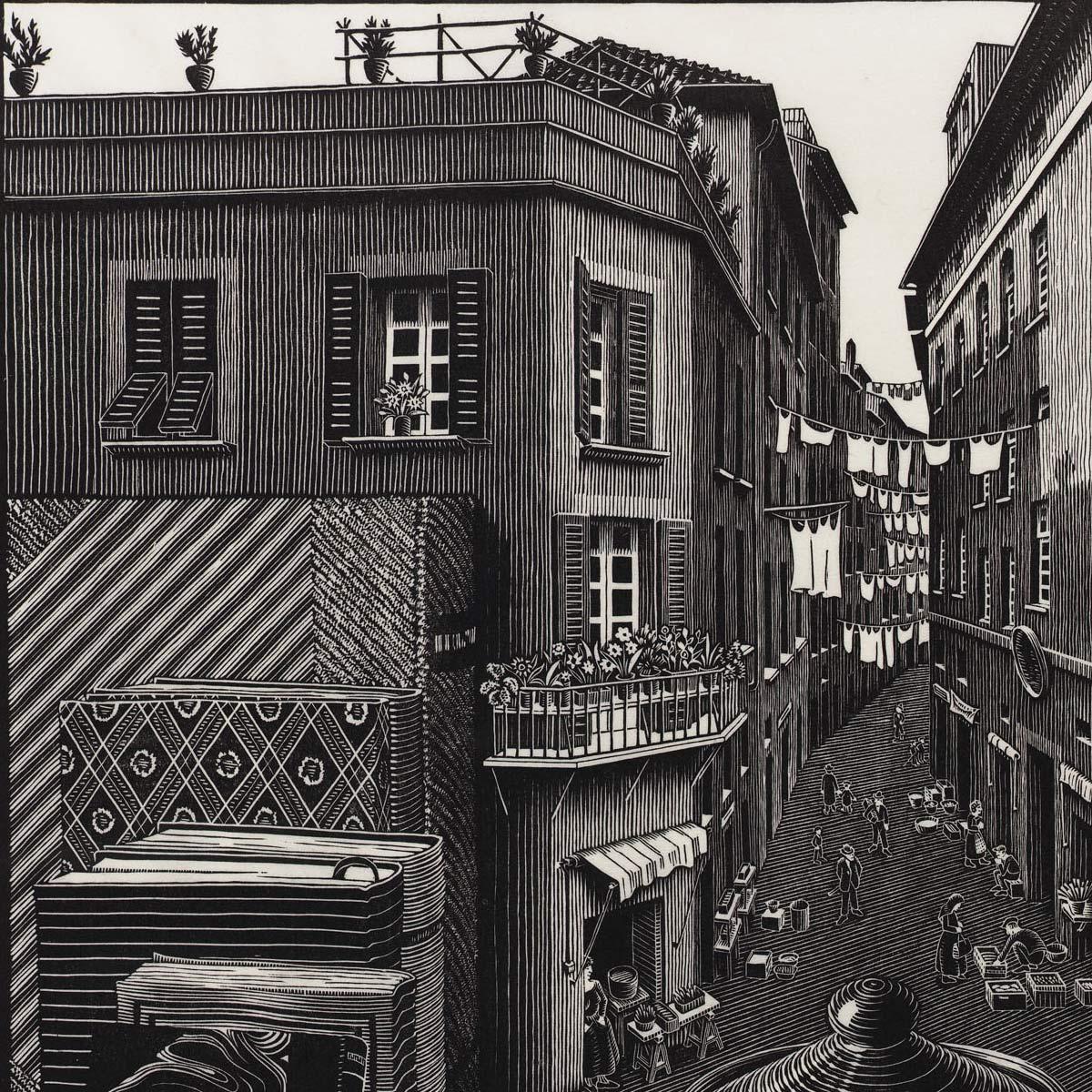 M.C. Escher, Still Life and Street, woodcut, March 1937 (detail)
