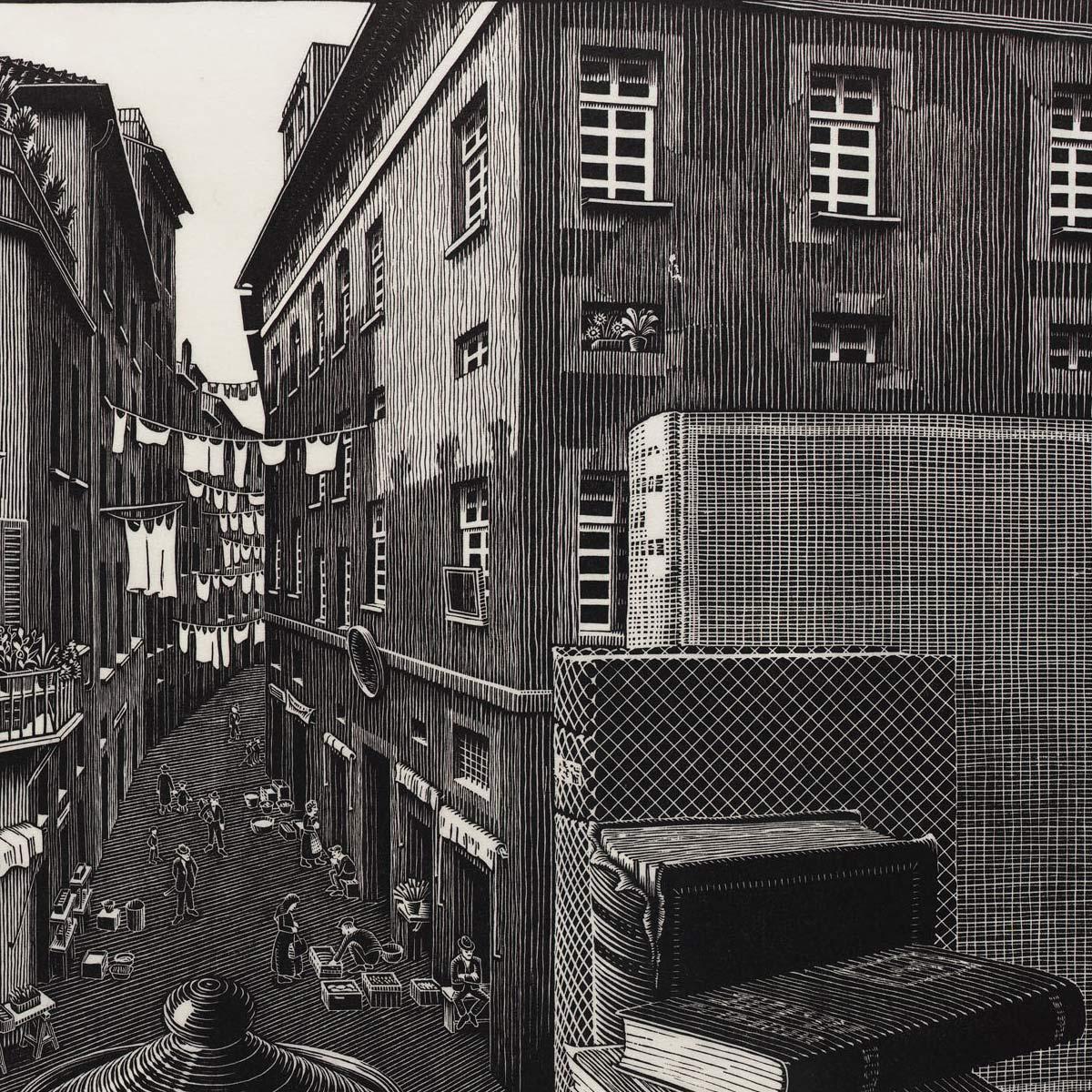 M.C. Escher, Still Life and Street, woodcut, March 1937 (detail)