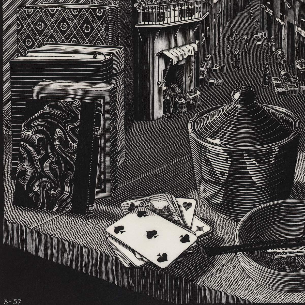 M.C. Escher, Still Life and Street, woodcut, March 1937 (detail)