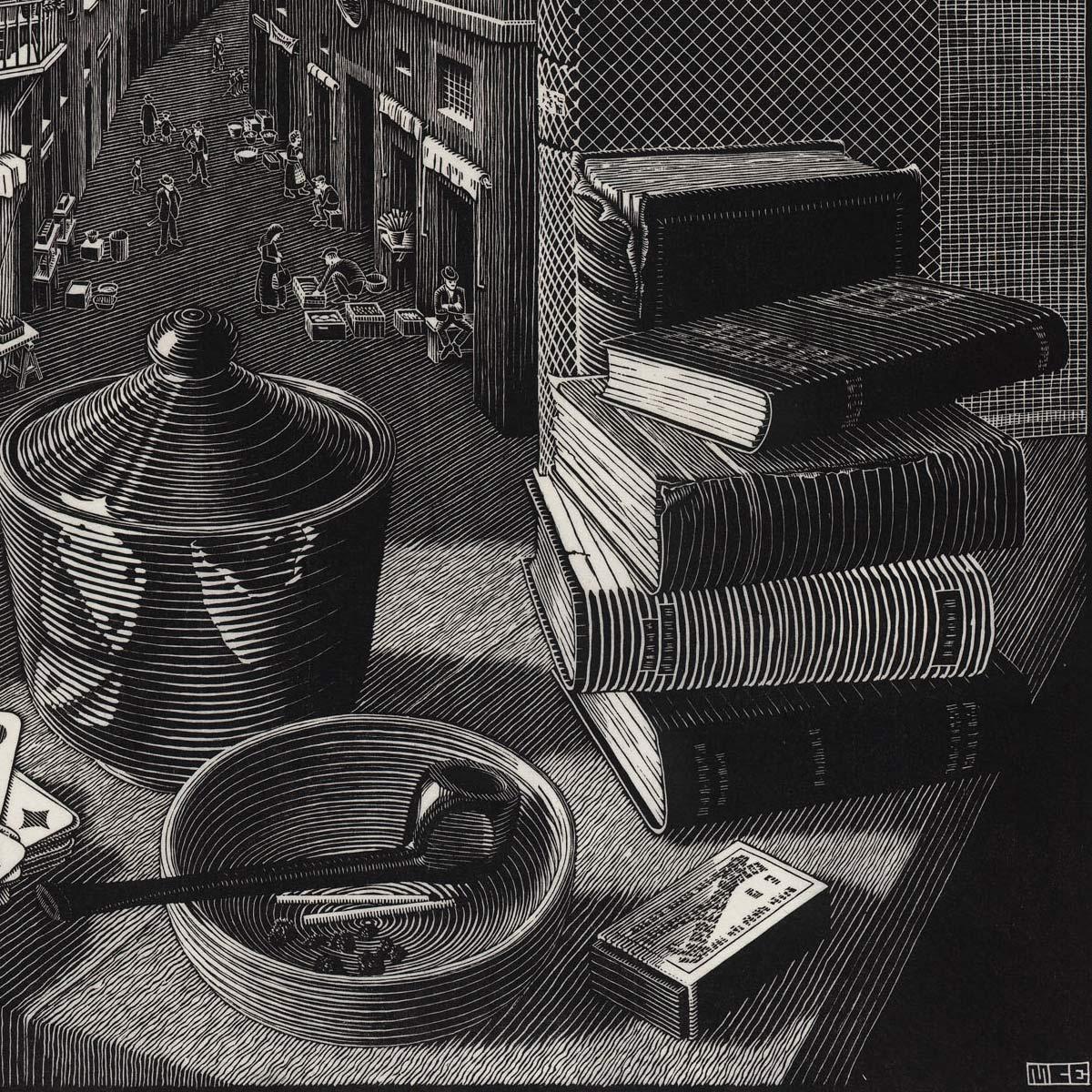 M.C. Escher, Still Life and Street, woodcut, March 1937 (detail)