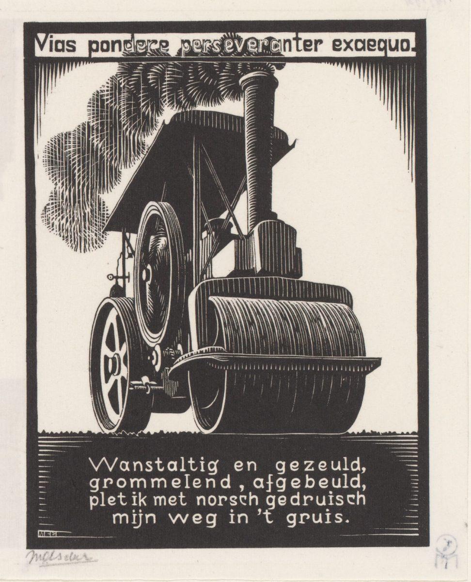M.C. Escher, Steamroller, woodcut, 1931