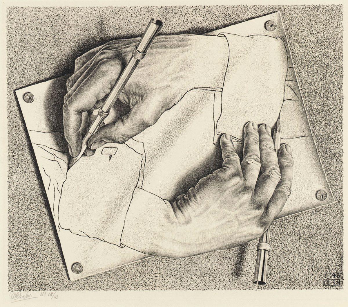 M.C. Escher, Drawing hands, lithograph, January 1948