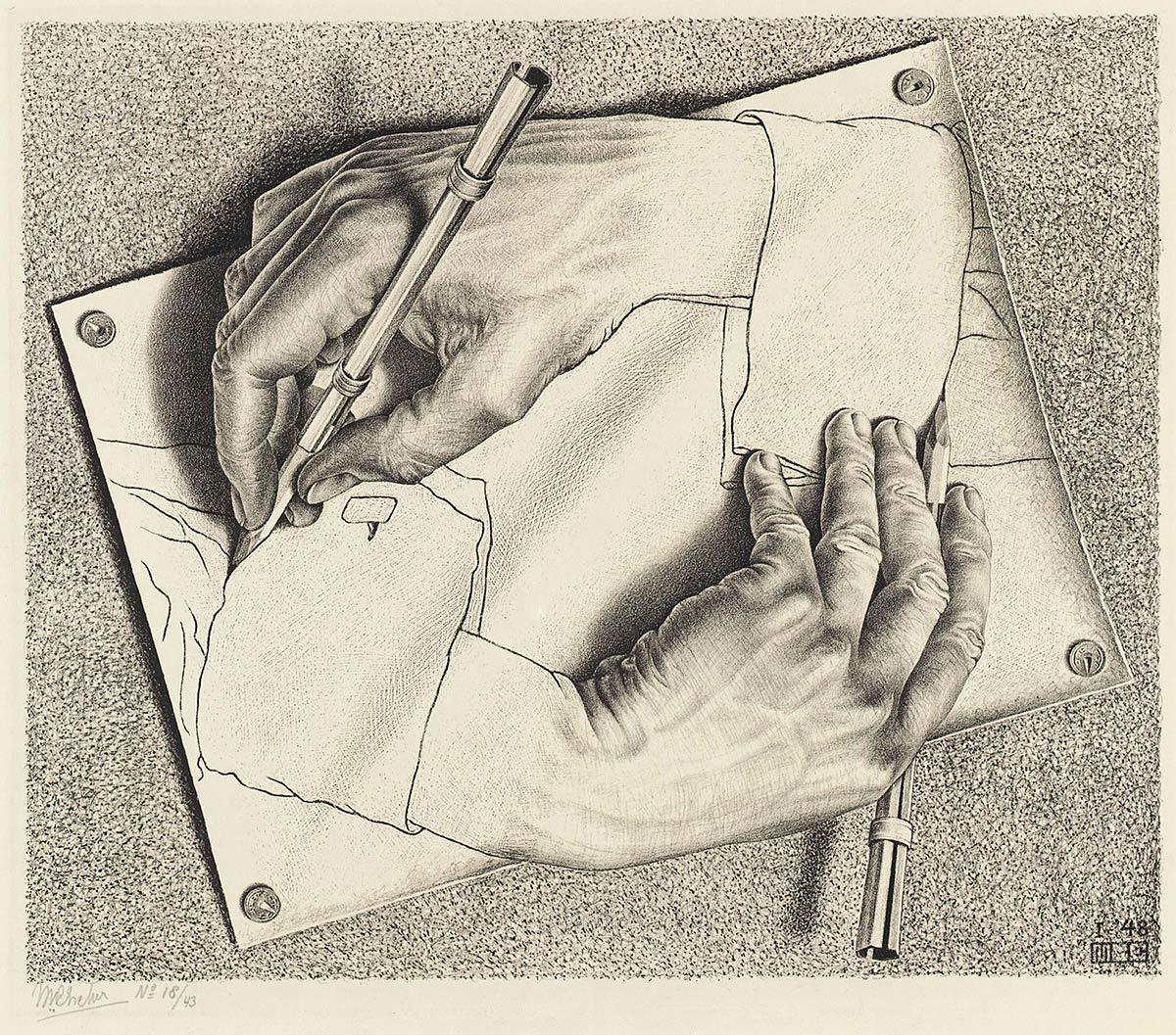 <p>M.C. Escher, <em>Drawing Hands</em>, lithograph, January 1948. In this lithograph, he uses his right hand as a model, drawn with his preferred left hand. He depicts the right hand twice, once as he had drawn it in a study and once mirrored. However, because a lithograph is the mirror image of the drawing on the lithographic stone, the hands depicted are actually two left hands.</p>