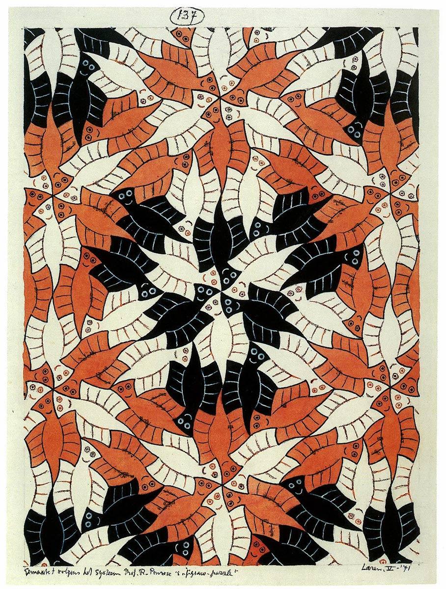 M.C. Escher, Regelmatige vlakverdeling, nr. 137 (Spoken), Oost-indische inkt en waterverf op papier, mei 1971