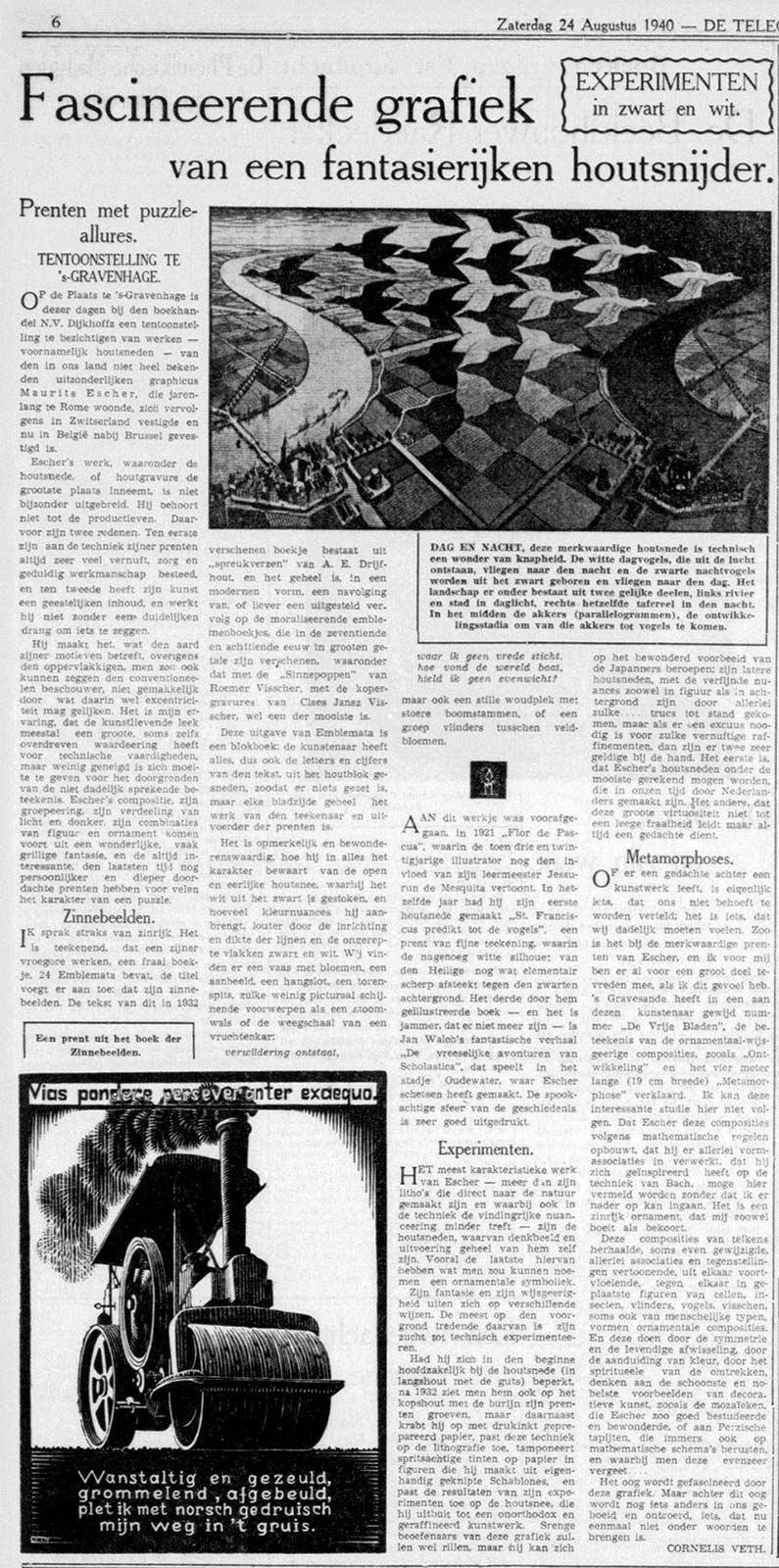 Dutch newspaper 'De Telegraaf' from 24 August 1940, talking about Eschers three series of book illustrations: Flor de Pascua (1921), Emblemata (1931) and Scholastica (1933)