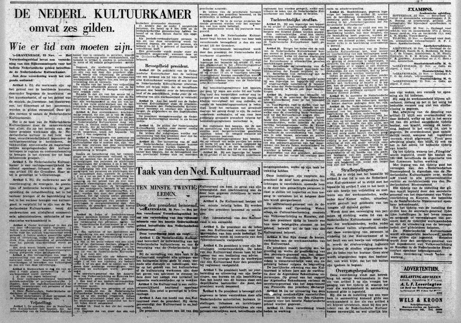 The list of regulations for the Kultuurkamer, Telegraaf, 25 November 1941