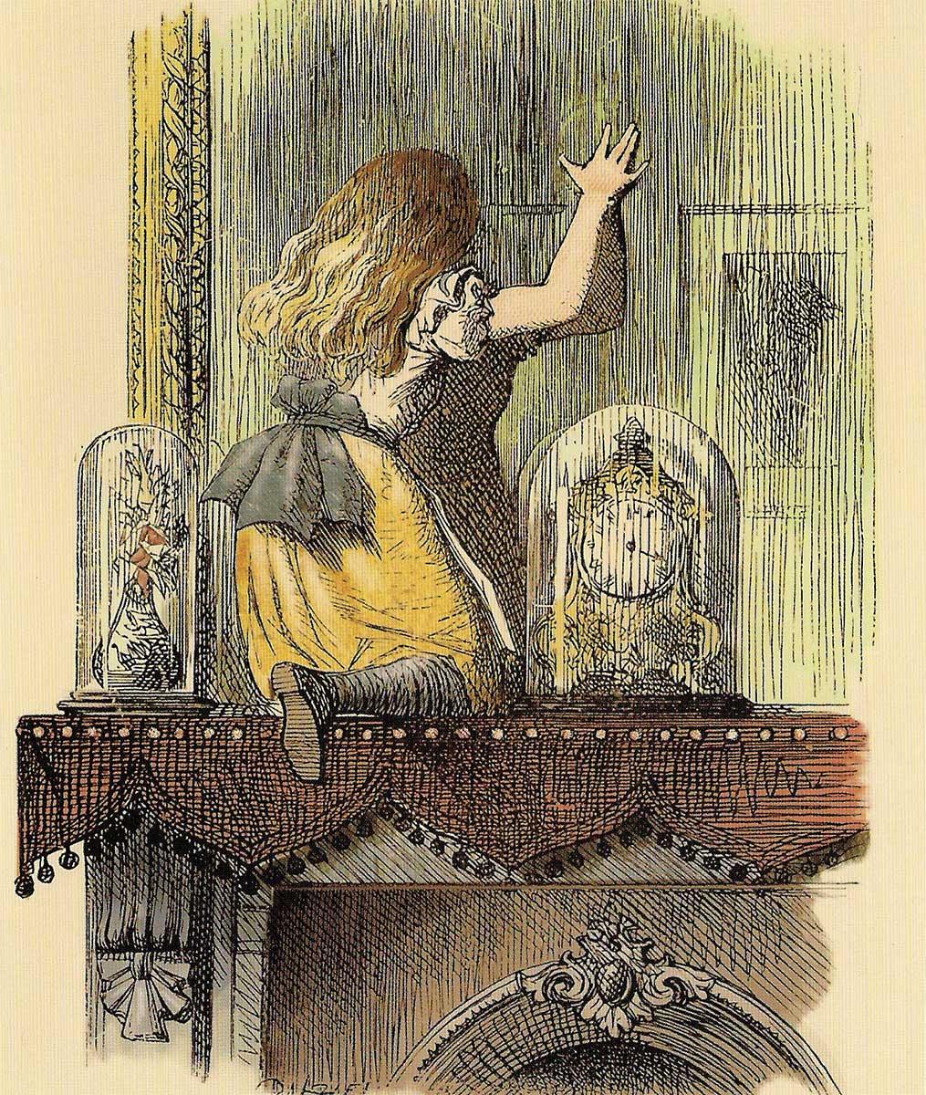 Illustratie uit Through The Looking Glass door John Tenniel. Tenniel maakte in totaal 92 houtgravures voor beide boeken. Dit is een ingekleurde versie.