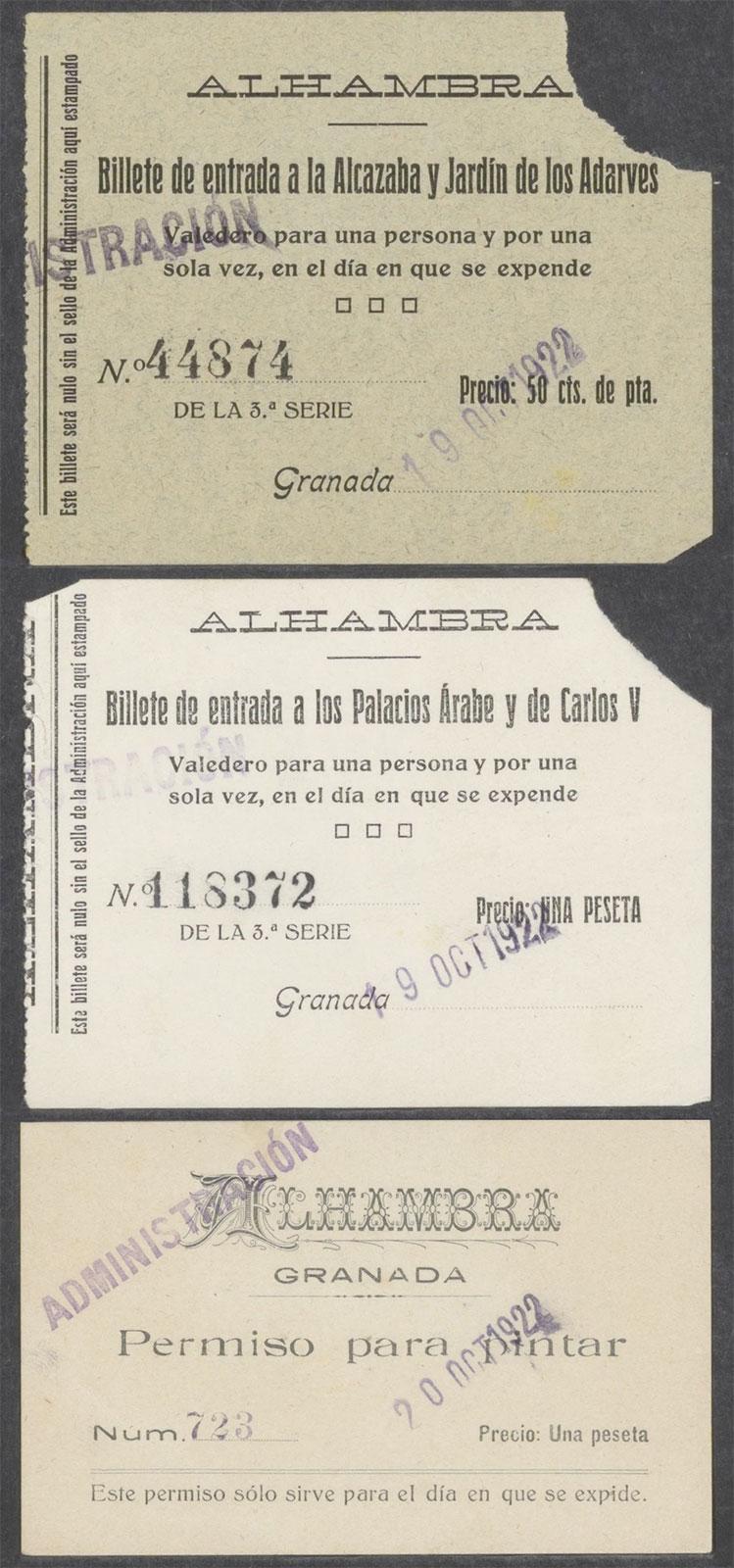 <p>I biglietti d'ingresso per le prime visite all'Alhambra, il 19 e il 20 ottobre 1922</p>