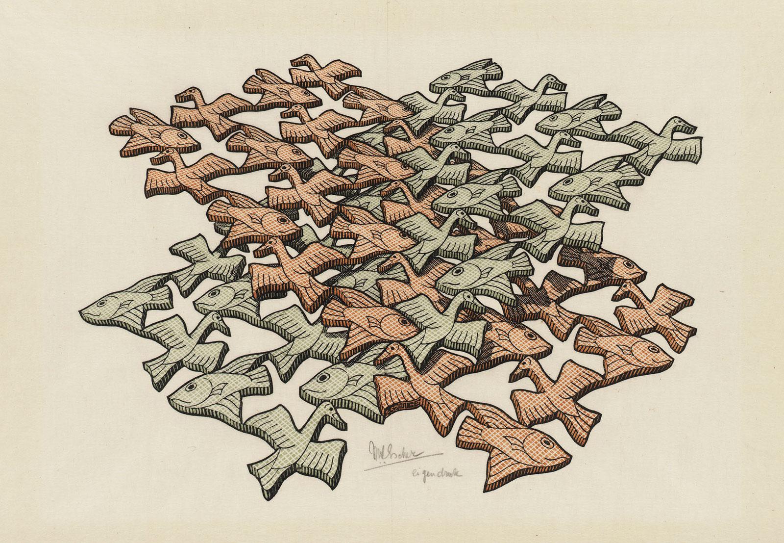 M.C. Escher, Twee snijdende vlakken, houtsnede in groen, bruin en zwart, gedrukt van drie blokken, januari 1952