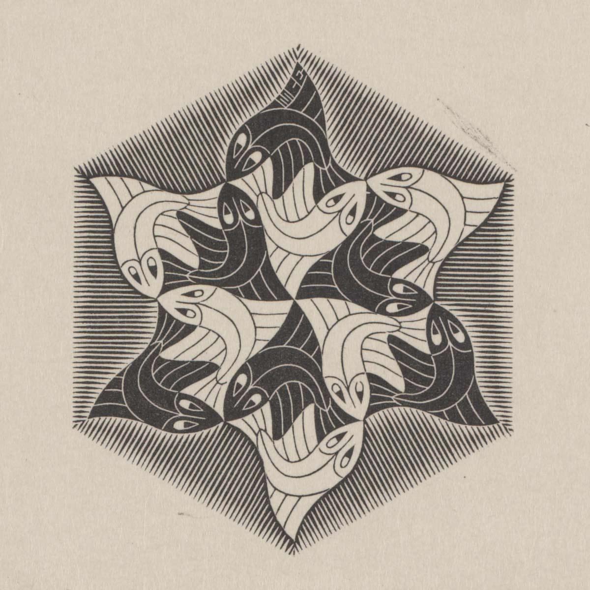 M.C. Escher, Fish (vignette), woodcut, 1955