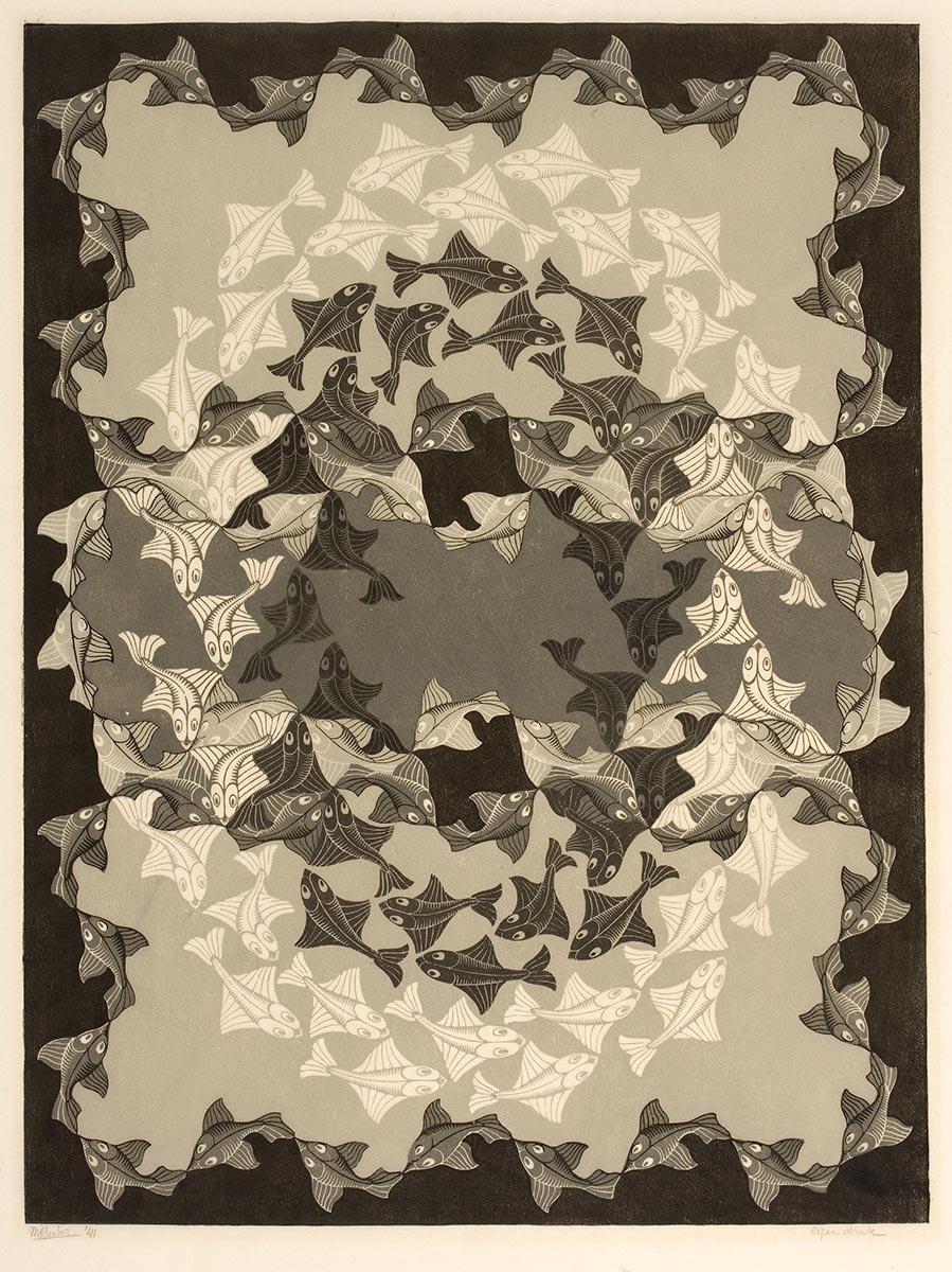M.C. Escher, Vissen, houtsnede in drie tinten grijsgroen, gedrukt van drie blokken, oktober 1941