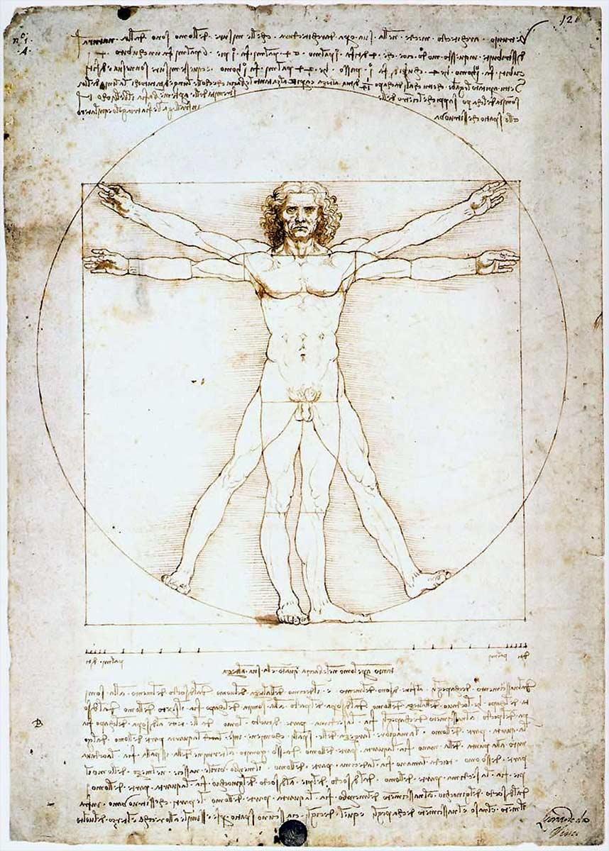 Leonardo da Vinci, Vitruviun Man, Pen and ink with wash over metalpoint
on paper, c. 1490