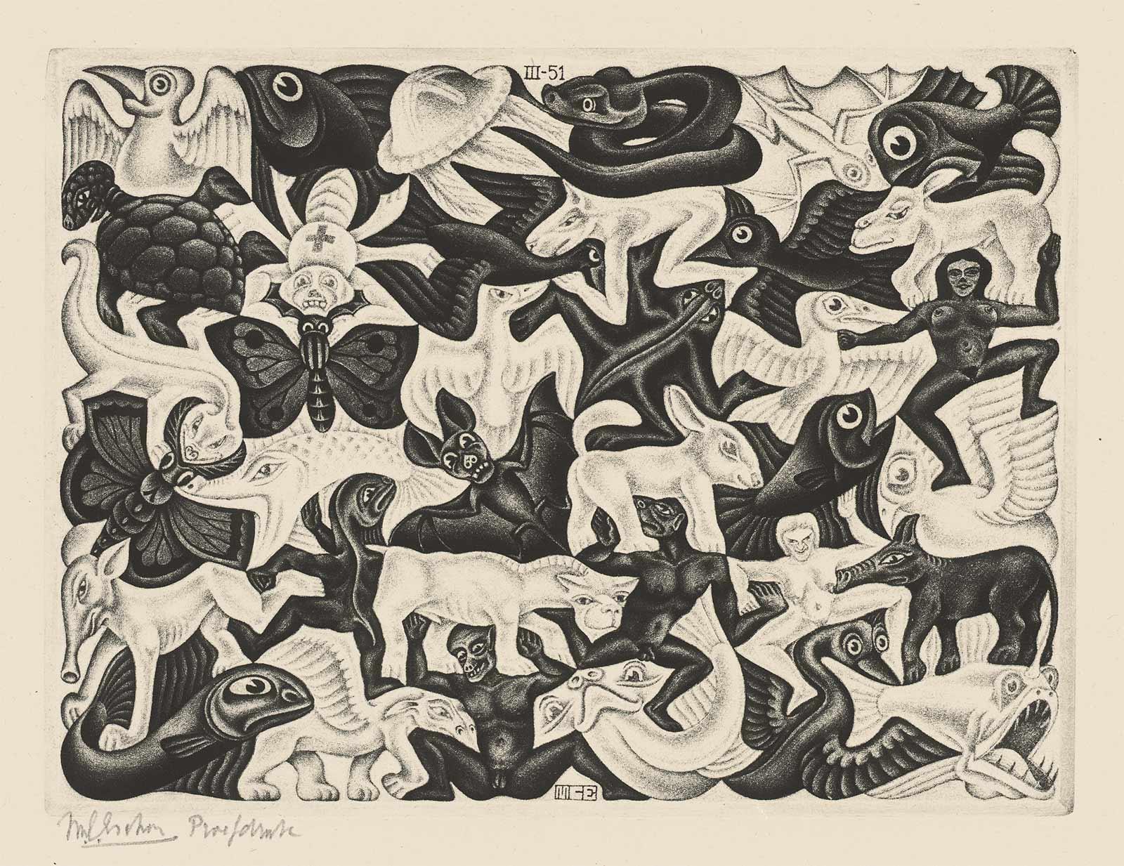 M.C. Escher, Plane Filling I (trial proof), mezzotint, March 1951