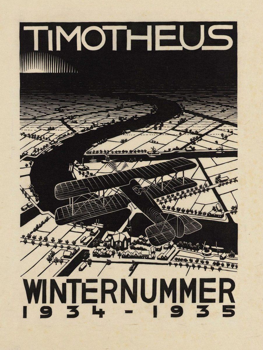 M.C. Escher, Aeroplane above a Snowy Landscape (cover Christian magazine Timotheus, Winter issue 1934-'35), woodcut, October 1934