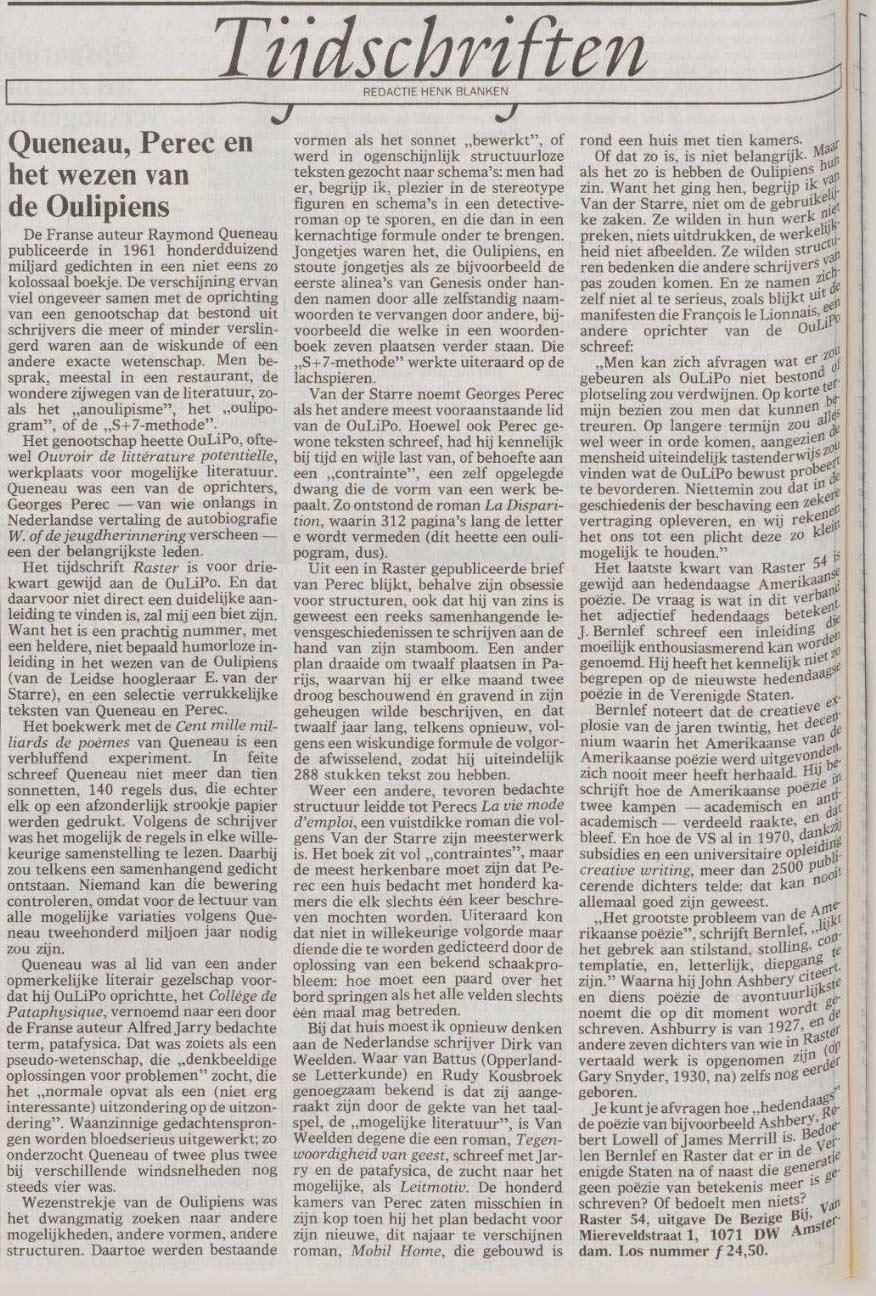 Dutch newspaper 'De Volkskrant', 27 August 1991. Henk Blanken talks about the new edition of magazine Raster which is dedicated to  Oulipo.