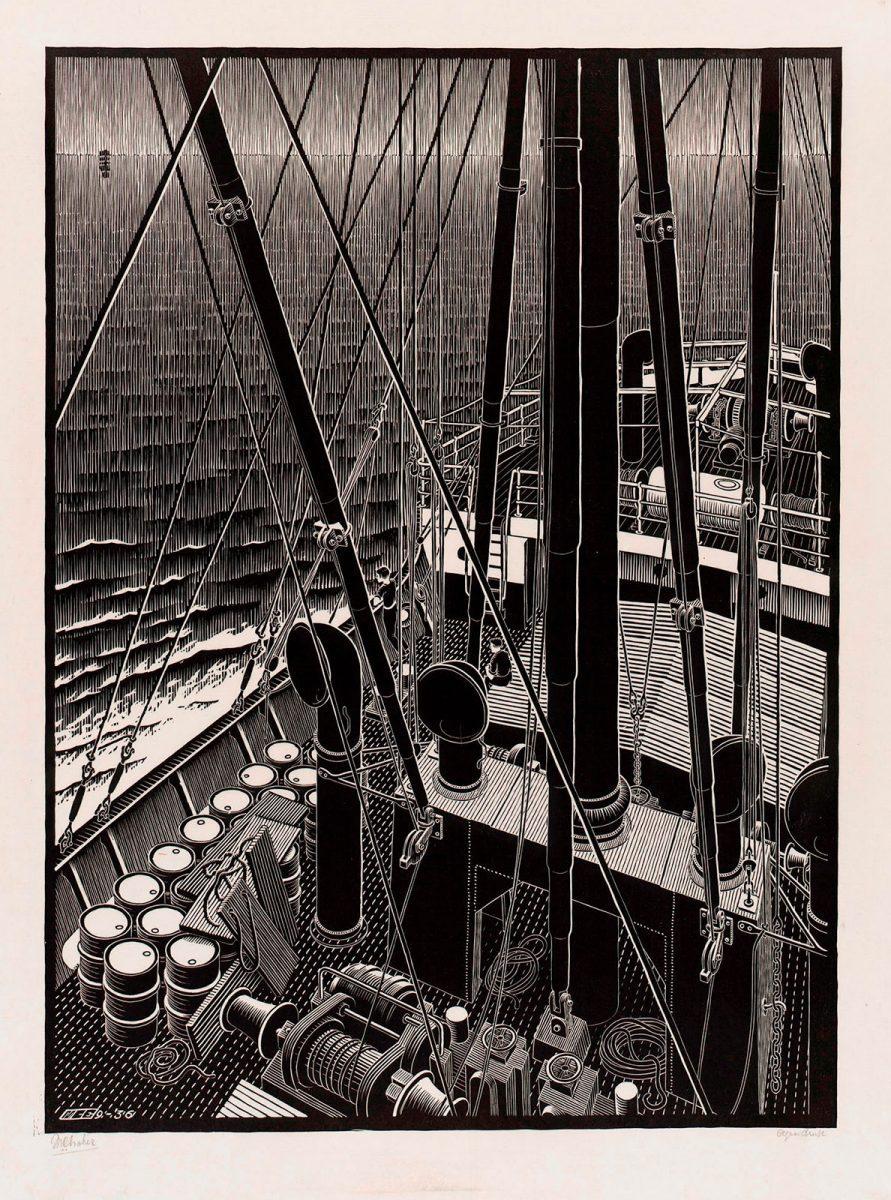 M.C. Escher, Freighter, woodcut, 1936