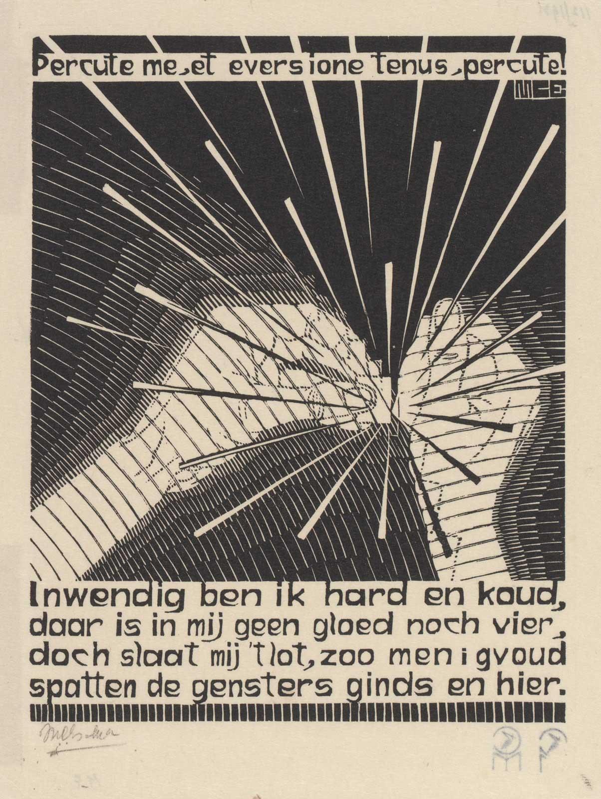 M.C. Escher, Vuurslag, X uit de Emblemata serie, houtsnede, tussen maart en juni 1931
