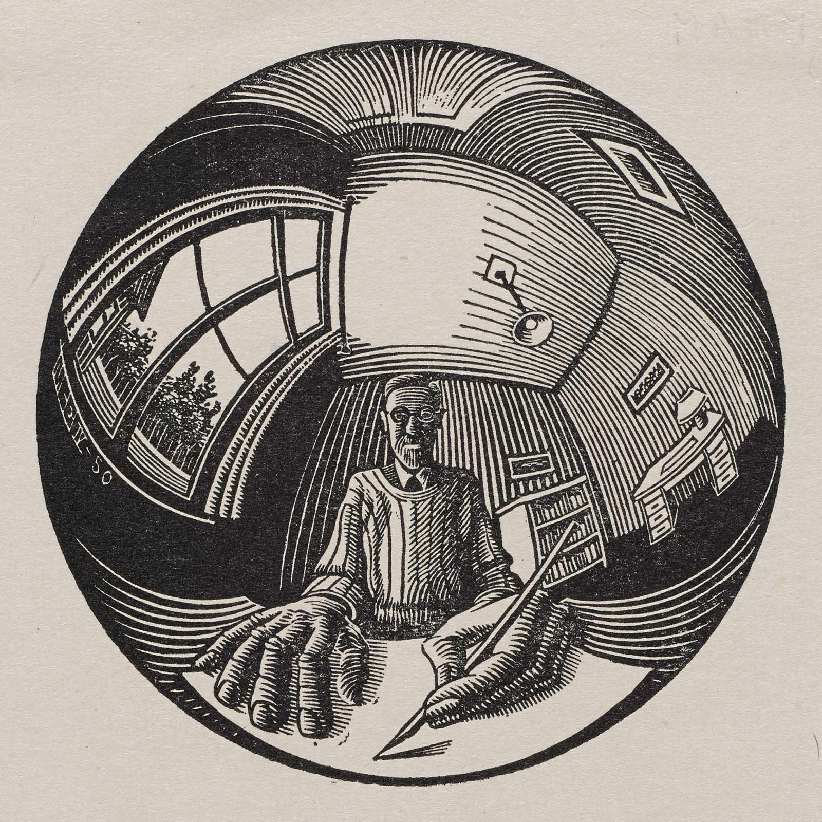 M.C. Escher, Self-portrait in spherical mirror, woodcut, April 1950