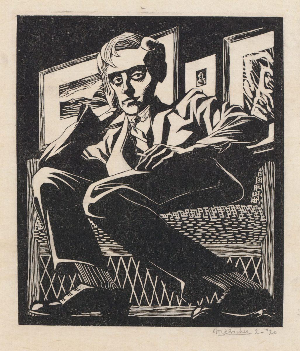 M.C. Escher, Self-portrait in a chair, woodcut, February 1920
