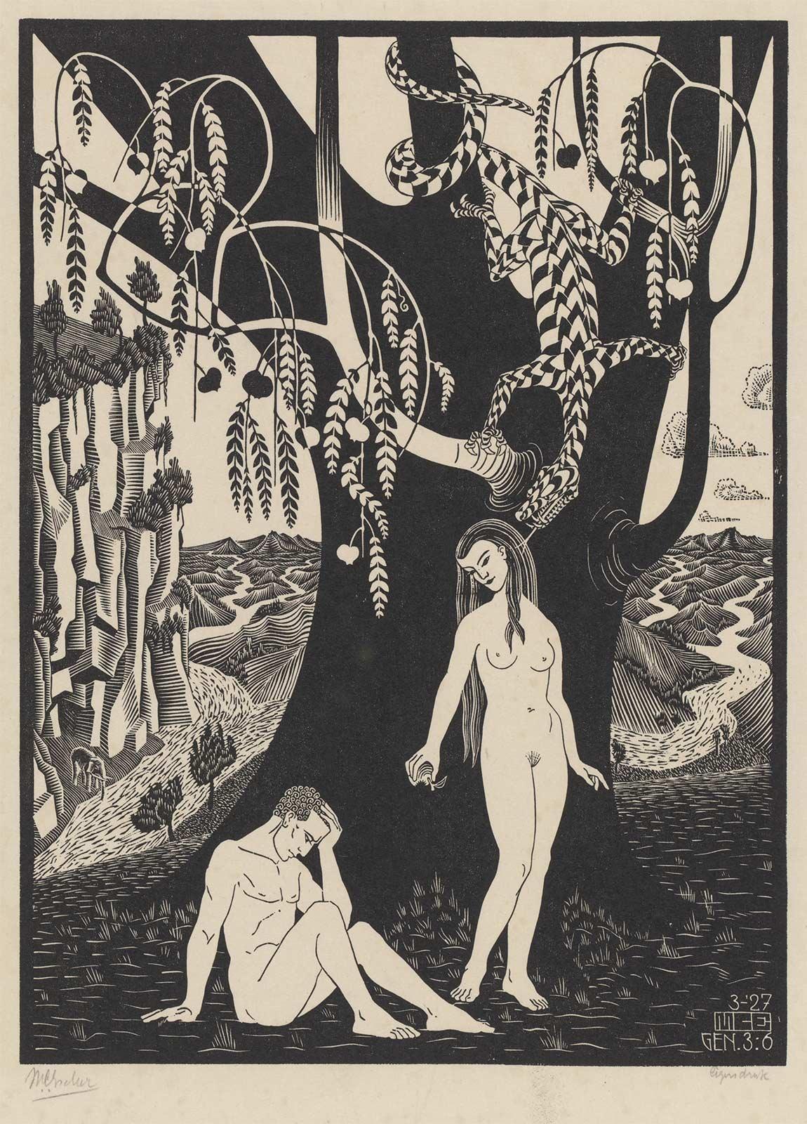 M.C. Escher, The Fall of Man, woodcut, March 1927