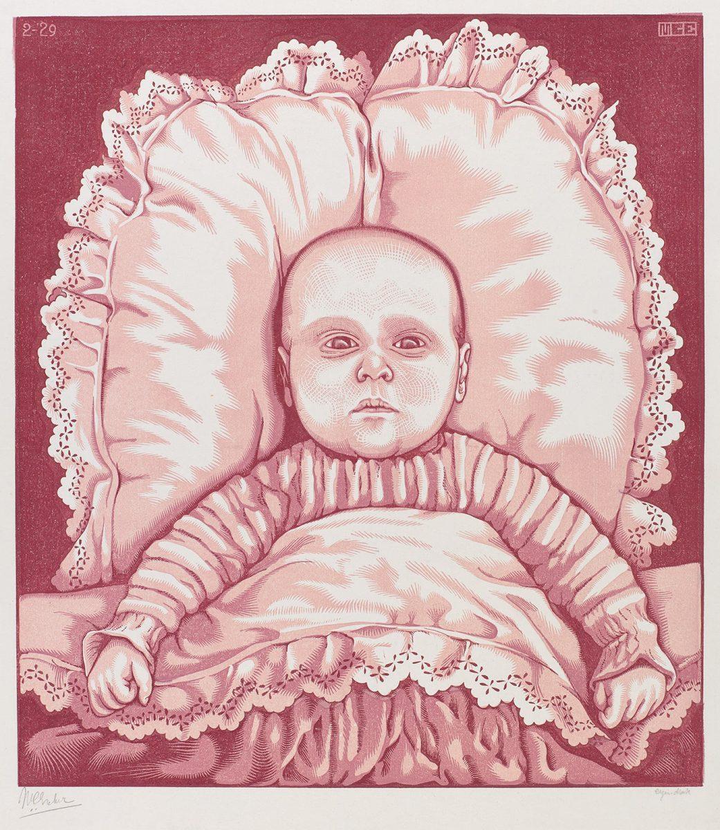 M.C Escher, Infant (Arthur E. Escher), woodcut in reddish brown and two tones of pink printed from three blocks, February 1929