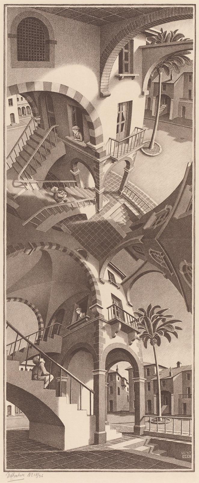 <p>M.C. Escher, Boven en onder, litho, juli 1947</p>