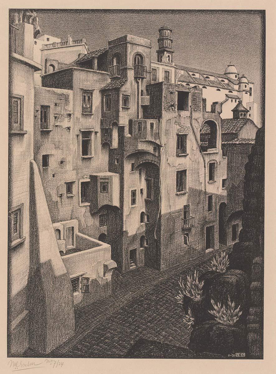 M.C. Escher, Bouwvallige huizen in Atrani, litho, november 1931
