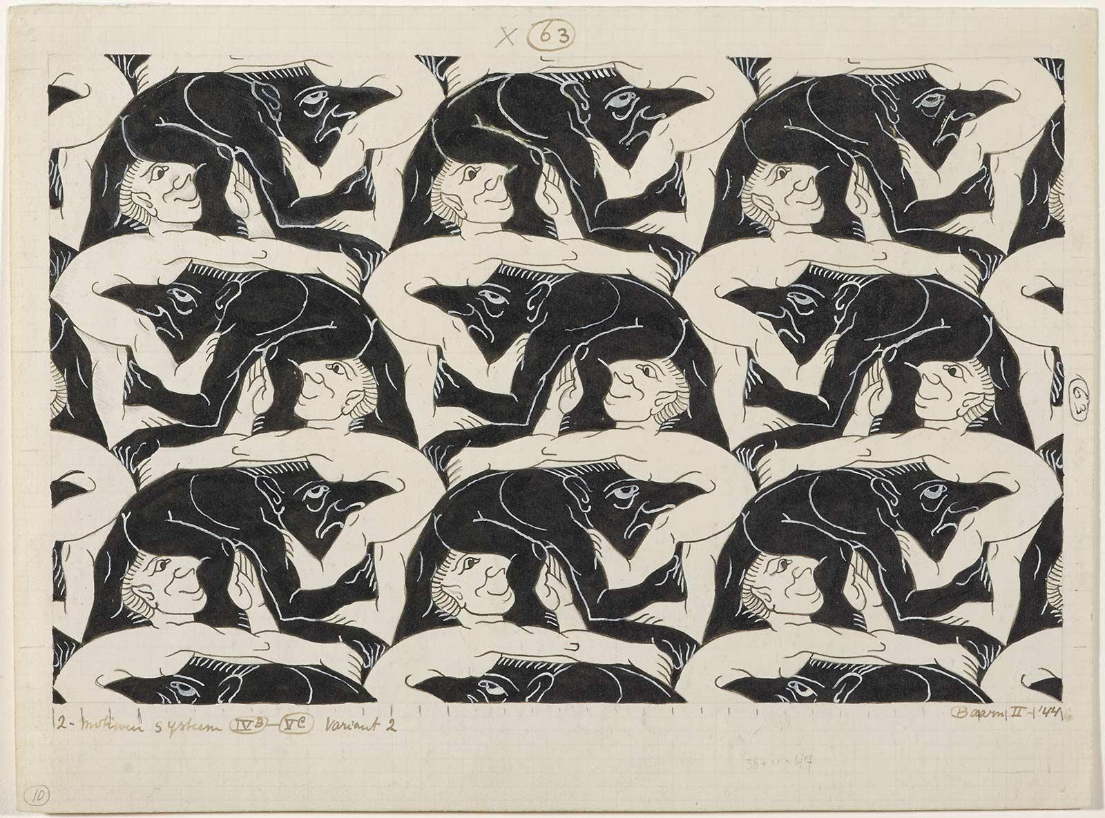 Regular division drawing no. 63 (Pessimist-Optimist), ink, coloured pencil and and watercolour on paper, January 1944