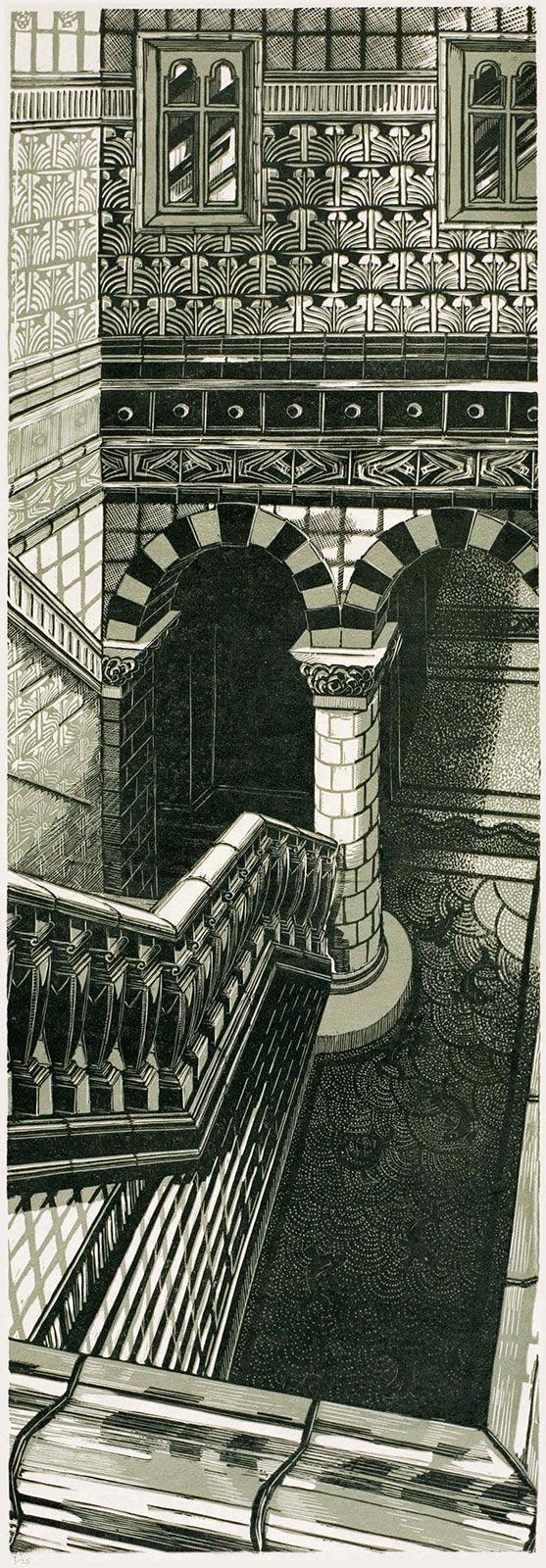 Anne Desmet, Dark Stairwell VBM, linocut in black and greenish grey, 2007