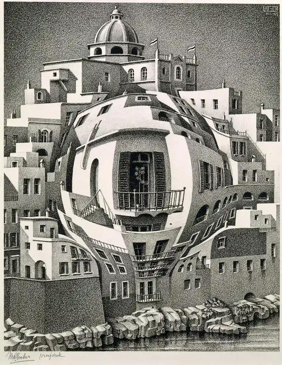 <p>M.C. Escher, Balcony, lithograph, July 1945</p>