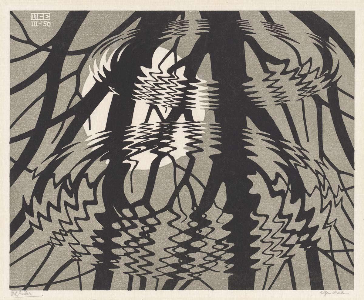 MC. Escher, Rippled surface, linoleum cut in black and gray brown, printed from two blocks, 1950