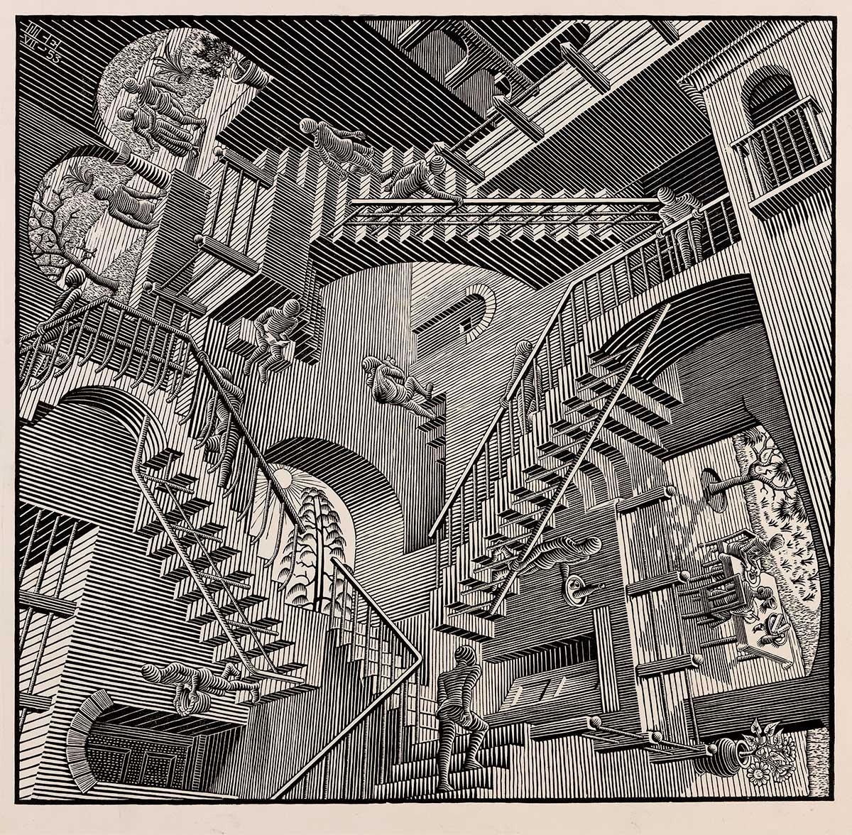 M.C. Escher, Relatividad, xilografía, julio 1953