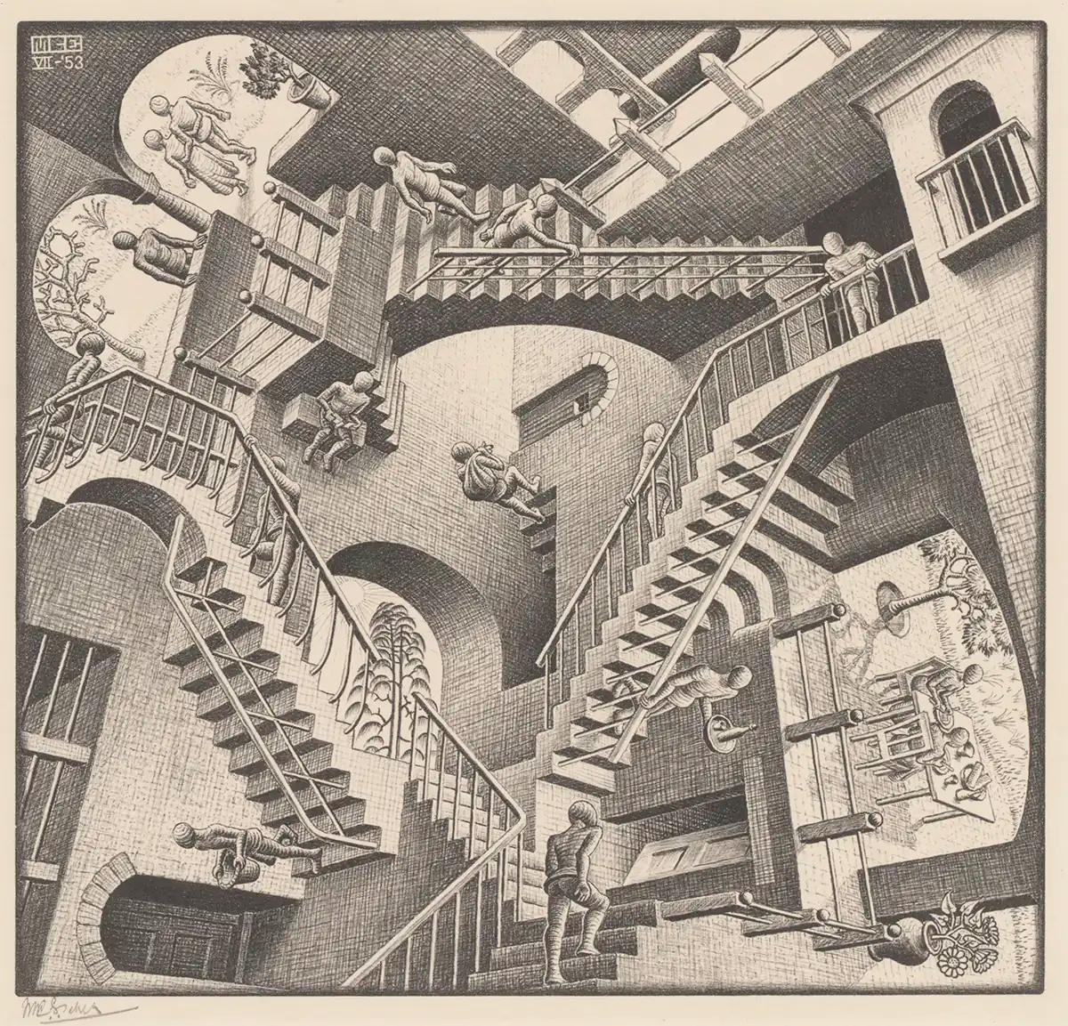 M.C. Escher, Relativiteit, litho, juli 1953
