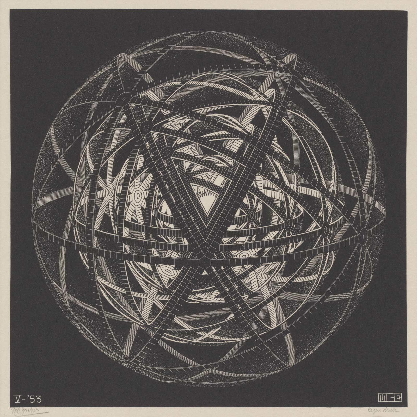 M.C. Escher, Concentric Rinds (Concentric Space Filling/Regular Sphere Division), wood engraving, May 1953