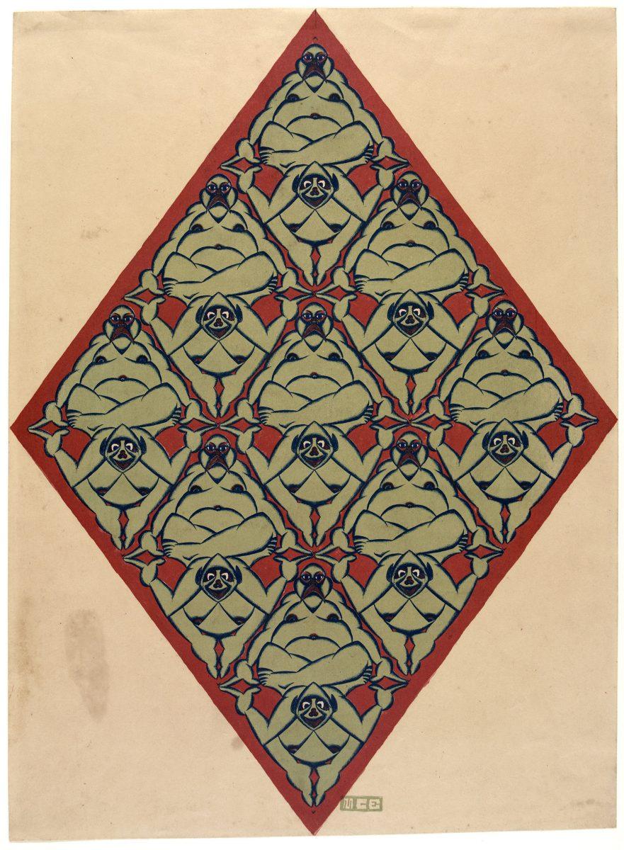 M.C. Escher, Plane-Filling Motif with Human Figures, lithograph in blue, green and red, 1920 or 1921