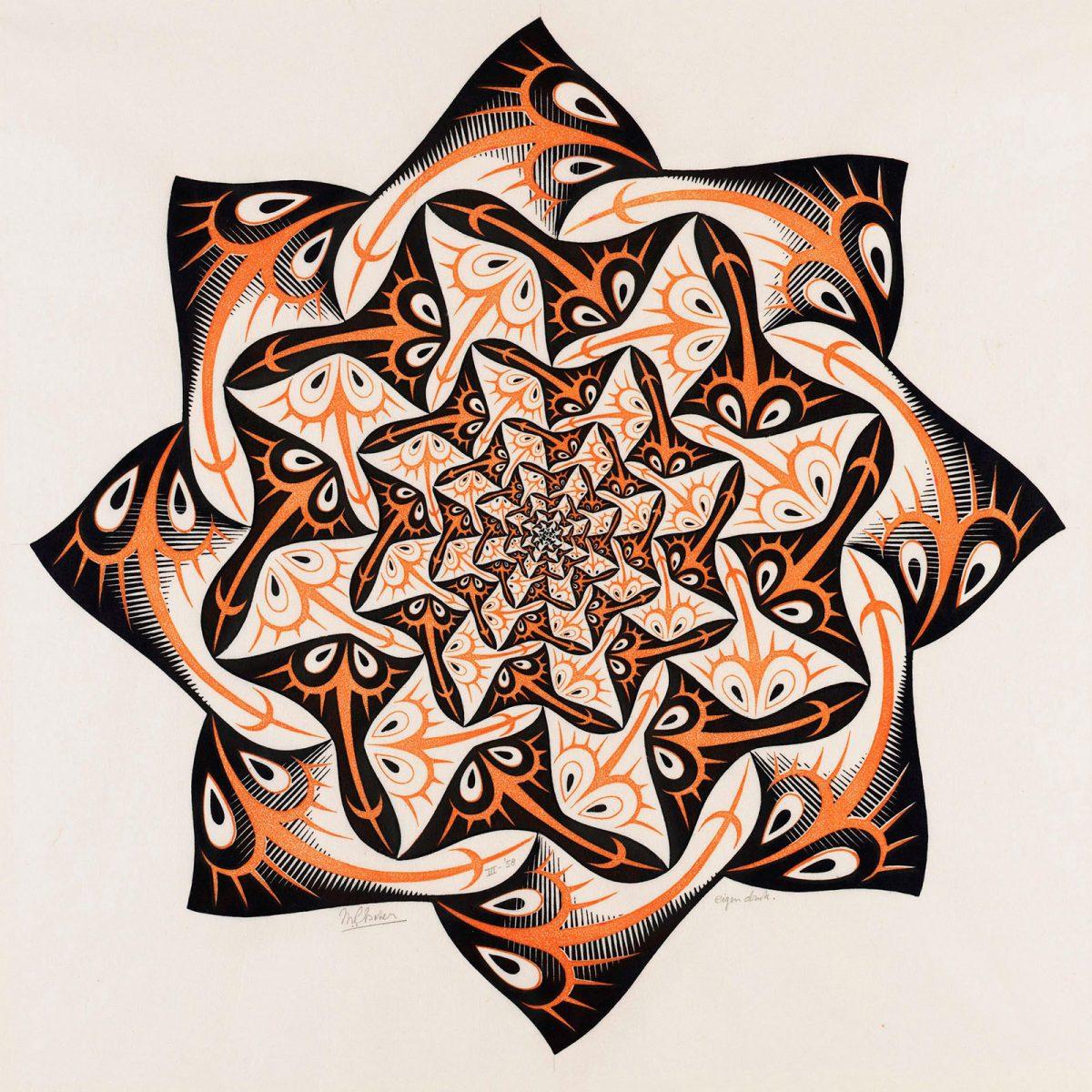 M.C. Escher, Levensweg I , houtsnede in rood en zwart, gedrukt van twee blokken, maart 1958