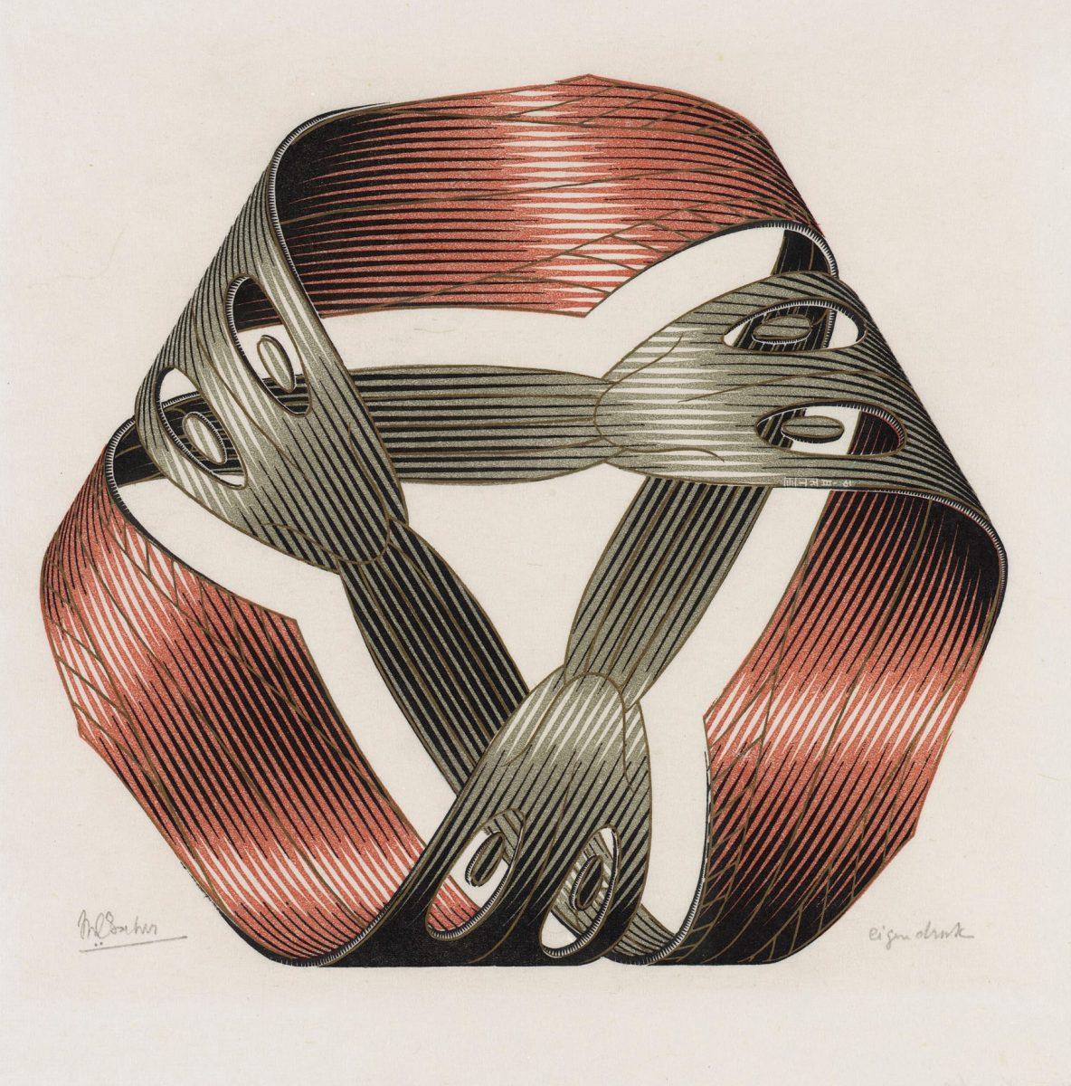 M.C. Escher, Band van Möbius I, houtgravure van vier blokken, 1961
