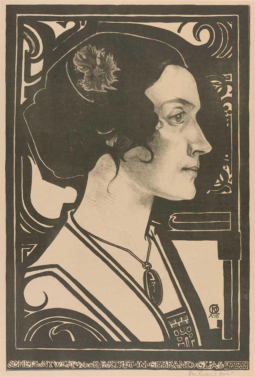 Richard Roland Holst, Schetsontwerp voor portret in gebrand glas, litho, 1916. Collectie Kunstmuseum Den Haag. Momenteel te zien in de tentoonstelling Geniale grafici: Escher en zijn tijdgenoten.