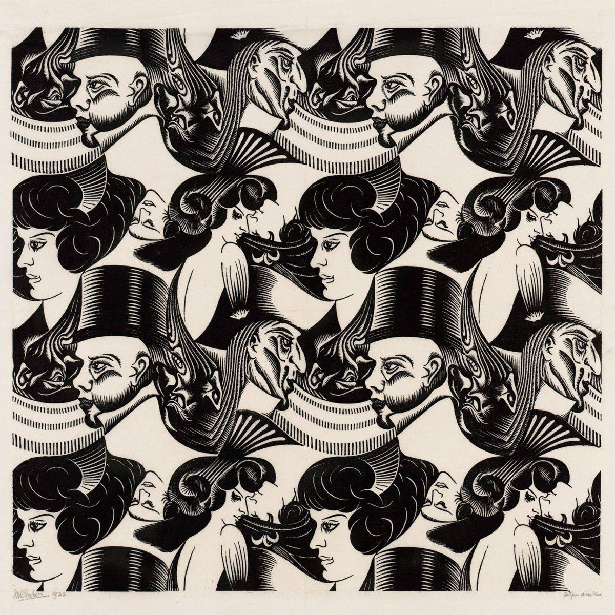 M.C. Escher, Acht koppen, houtsnede van één blok, dat eenmaal geheel en achtmaal gedeeltelijk is afgedrukt, januari, februari of maart 1922