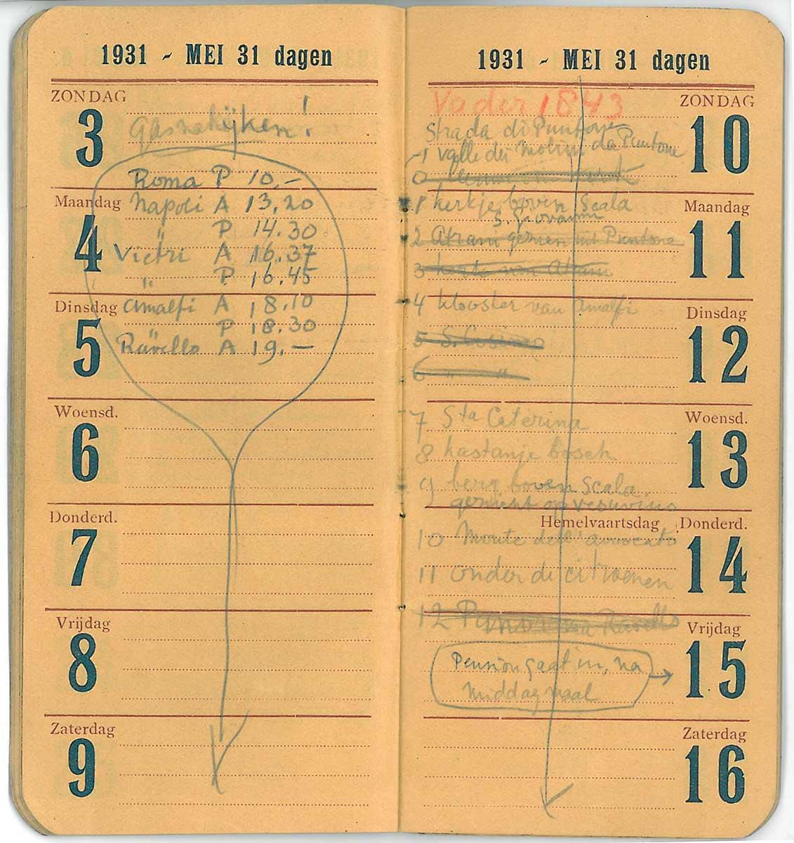 Eschers agenda van 3-10 mei 1931 met daarin zijn treinreis van Rome naar Ravello en een lijst met tekeningen die hij tijdens zijn verblijf maakte.