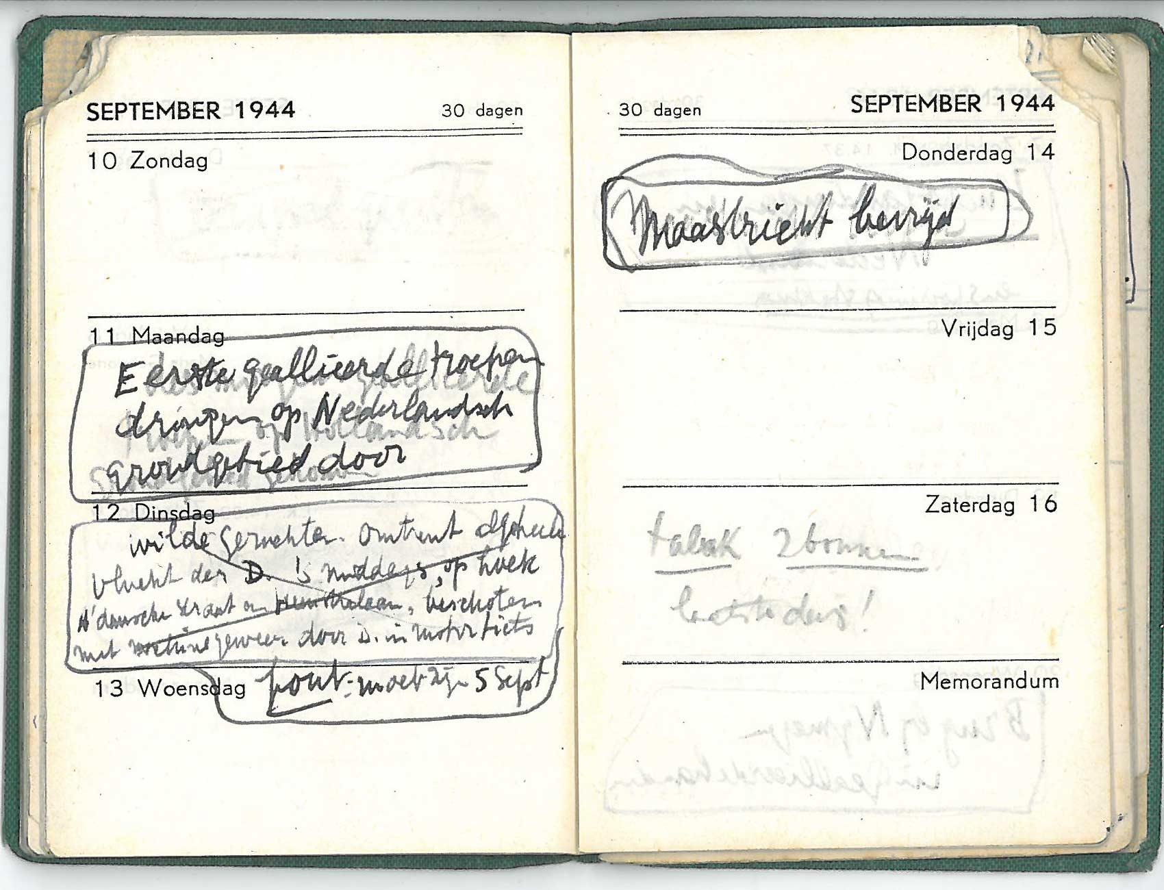 Hij schrijft dat de eerste geallieerde troepen op 11 september Nederland binnen komen waarna ze op 14 september Maastricht bevrijden.